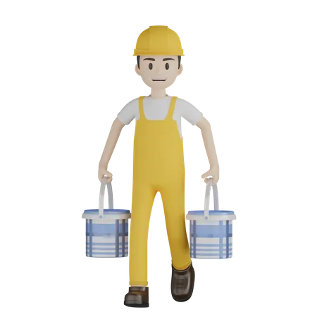 Painter Construction Worker Wearing Yellow Uniform And Hard Helmet 3D Illustration