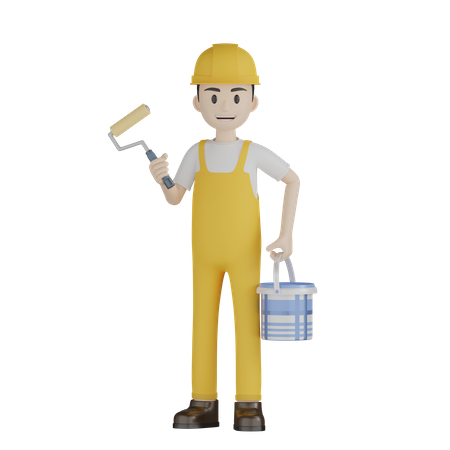 Painter Doing Painting With Holding Color Bucket  3D Illustration