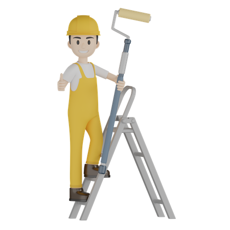 Painter Doing Painting Work Stands On Ladder  3D Illustration