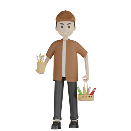 Painter Holding Brush Bucket  3D Illustration