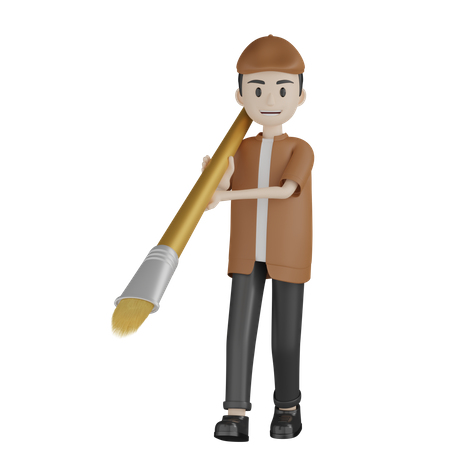 Painter Holding Paint Brush  3D Illustration