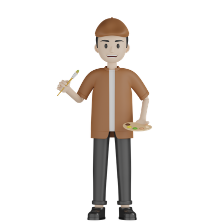 Painter Holding Paint Brush And Palette  3D Illustration