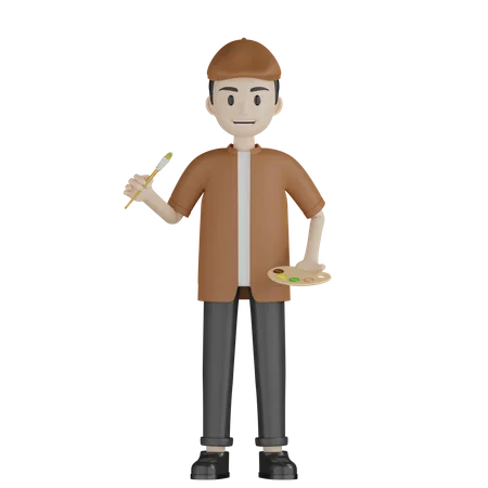 Painter Holding Paint Brush And Palette  3D Illustration