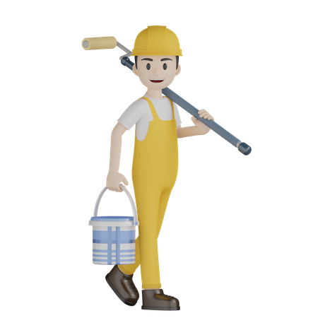 Painter Holding Paint Bucket And Roller Brush  3D Illustration