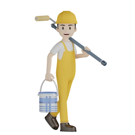 Painter Holding Paint Bucket And Roller Brush  3D Illustration