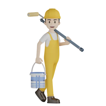 Painter Construction Worker Wearing Yellow Uniform And Hard Helmet 3D Illustration