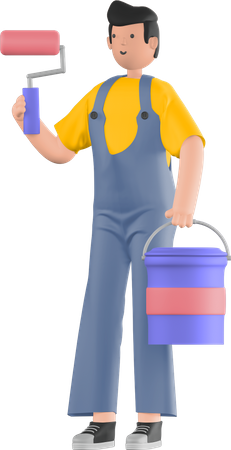 Painter holding paint roller and paint bucket  3D Illustration