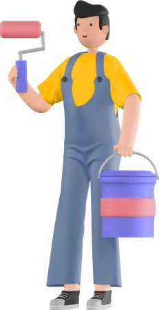 Painter holding paint roller and paint bucket  3D Illustration