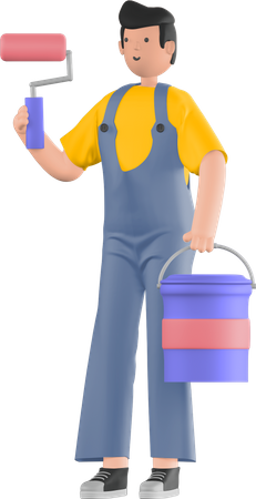 Painter holding paint roller and paint bucket 3D Illustration