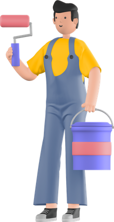 Painter holding paint roller and paint bucket  3D Icon