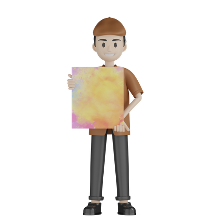 Painter Holding Painting  3D Illustration