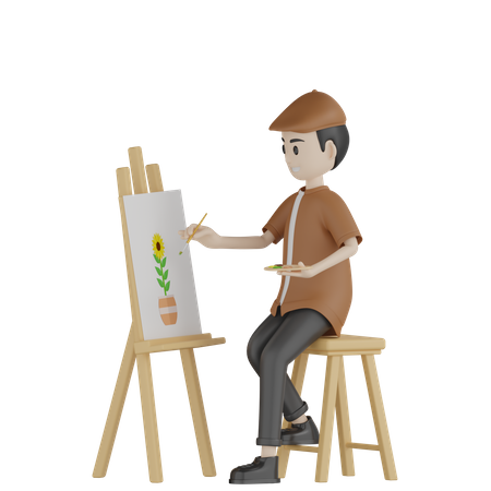 Painter Painting On Canvas Board  3D Illustration