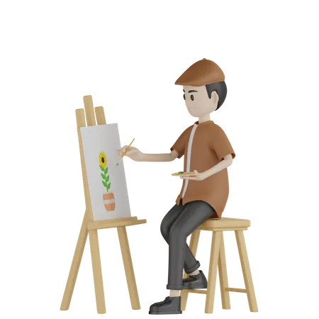 Painter Painting On Canvas Board  3D Illustration