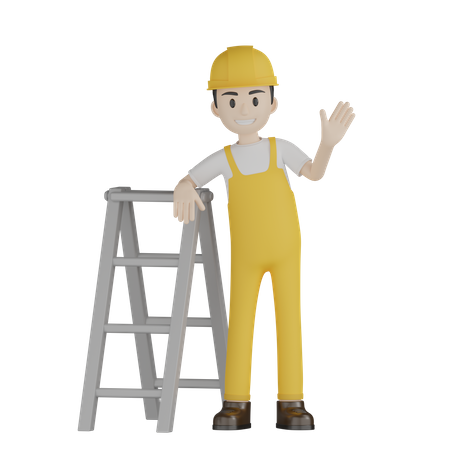 Painter Saying Hello Stand With Ladder  3D Illustration