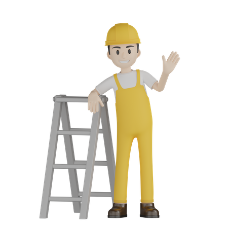 Painter Saying Hello Stand With Ladder 3D Illustration
