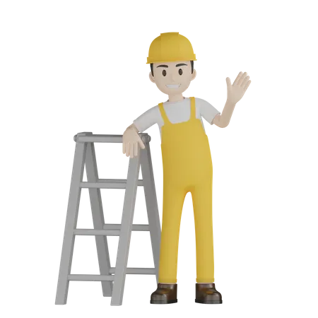 Painter Saying Hello Stand With Ladder  3D Illustration