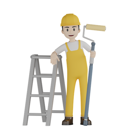 Painter Stands With Ladder  3D Illustration