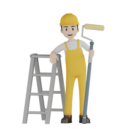 Painter Stands With Ladder 3D Illustration