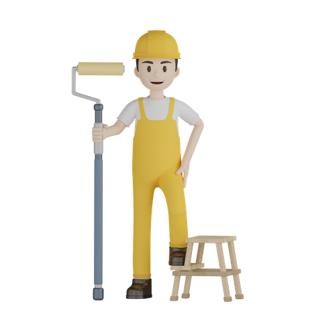 Painting Stands On Stool Ladder  3D Illustration