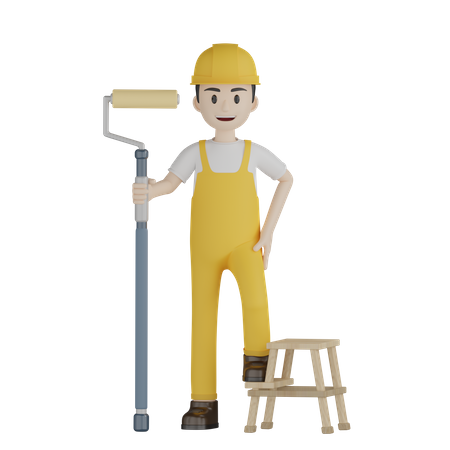 Painting Stands On Stool Ladder  3D Illustration