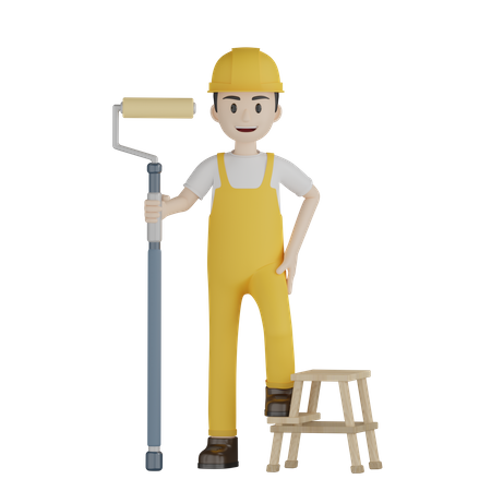Painting Stands On Stool Ladder 3D Illustration