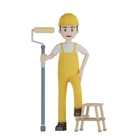 Painting Stands On Stool Ladder  3D Illustration