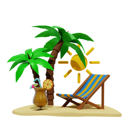 Palm Tree And Beach Chair And Orange Juice  3D Icon