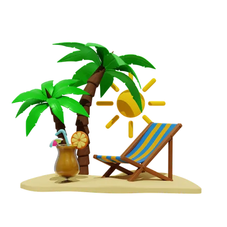 Palm Tree And Beach Chair And Orange Juice  3D Icon