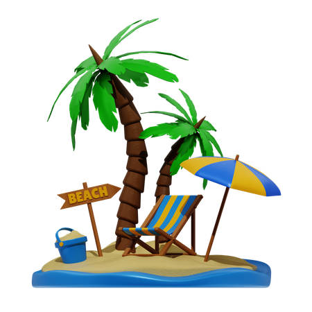 Palm Tree And Beach Chair And Umbrella  3D Icon