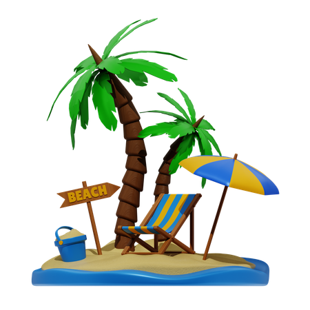 Palm Tree And Beach Chair And Umbrella  3D Icon