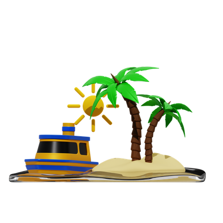 Palm Tree And Ship And Sun  3D Icon