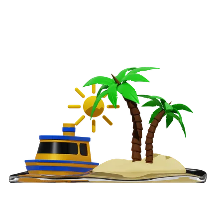 Palm Tree And Ship And Sun  3D Icon