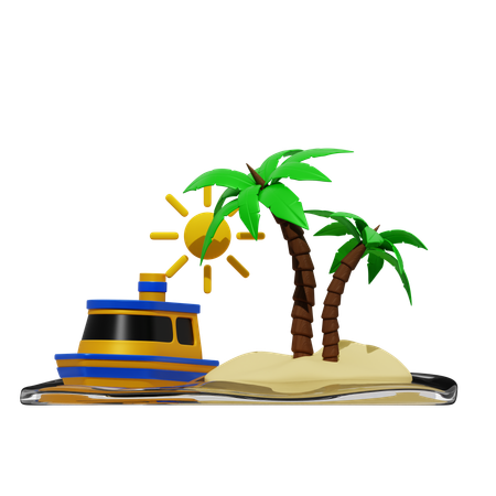 Palm Tree And Ship And Sun  3D Icon