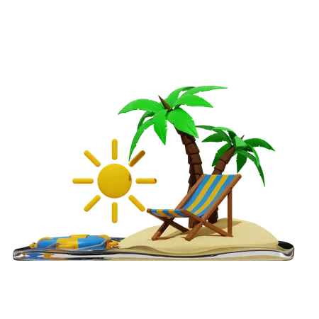 Palm Tree Beach Chair And Sun  3D Icon