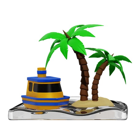 Palm Tree Ship And Island  3D Icon