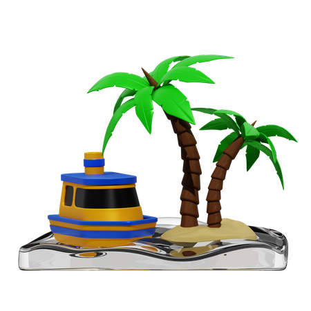 Palm Tree Ship And Island  3D Icon
