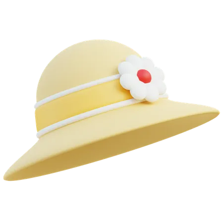 3 D Elegant Yellow Sun Hat With White Band And Flower Detail 3D Icon