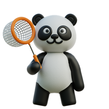 Panda Holding Butterfly Net  3D Illustration
