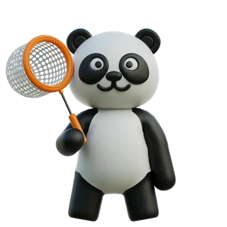 Panda Holding Butterfly Net  3D Illustration