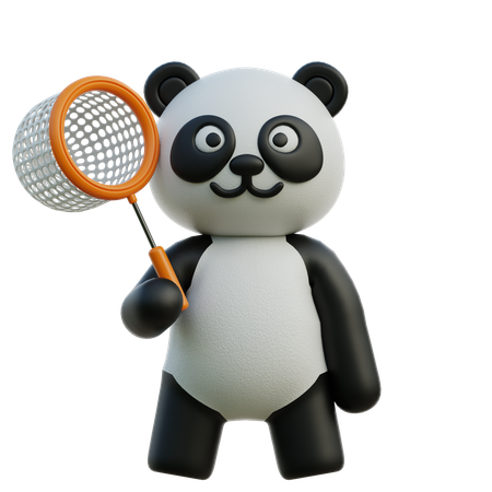 Panda segurando rede de borboletas  3D Illustration
