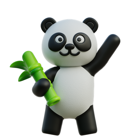 Panda Waving Hand While Holding Bamboo  3D Icon