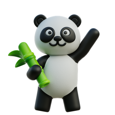Panda Waving Hand While Holding Bamboo  3D Illustration