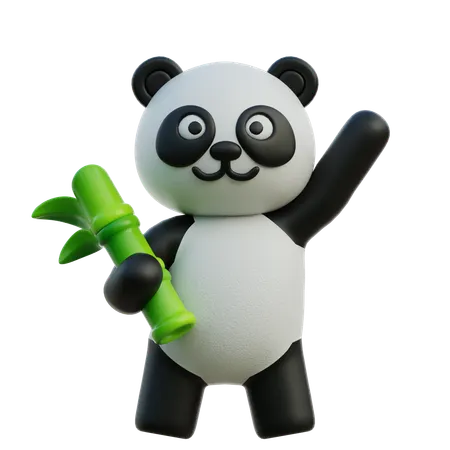 Panda Waving Hand While Holding Bamboo  3D Illustration