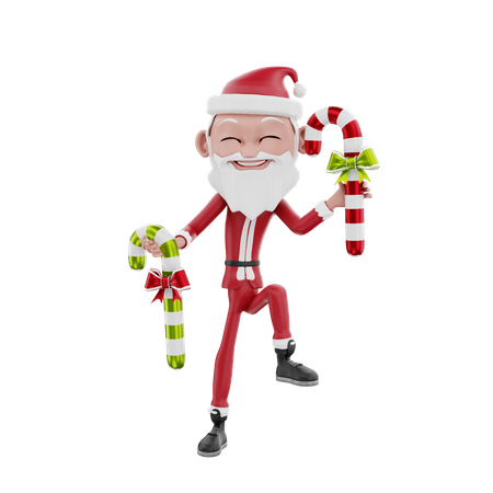 Papá Noel bailando con bastón de caramelo.  3D Illustration