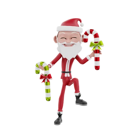 Papá Noel bailando con bastón de caramelo.  3D Illustration