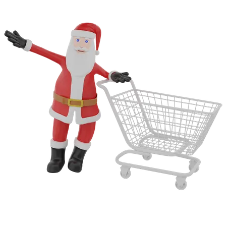 Papá Noel celebra las compras navideñas con carrito.  3D Illustration