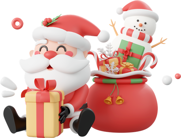 Papá Noel con regalo de Navidad y muñeco de nieve.  3D Icon