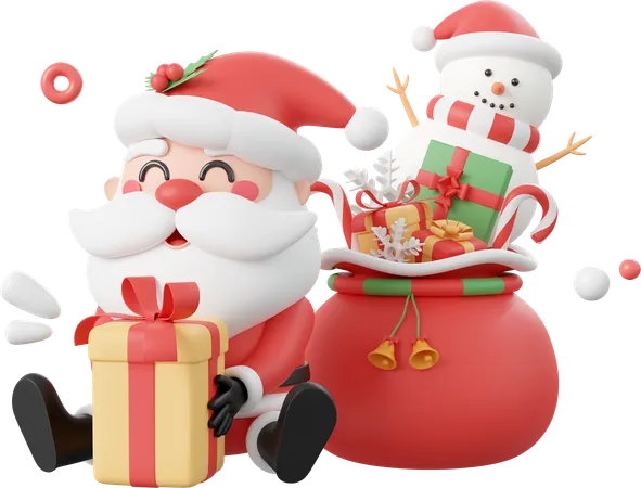 Papá Noel con regalo de Navidad y muñeco de nieve.  3D Icon