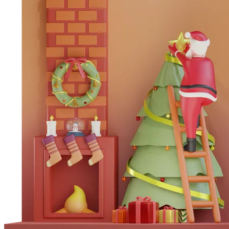 Papá Noel decorando el árbol de Navidad.  3D Illustration