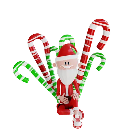 Papá Noel sentado delante de los caramelos  3D Illustration